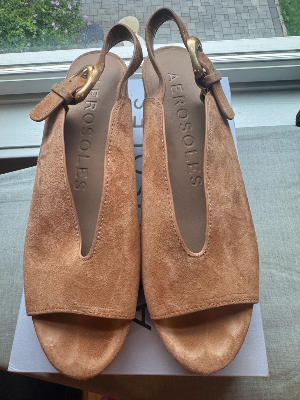 Tan suede Aerosoles slingback platform sandal